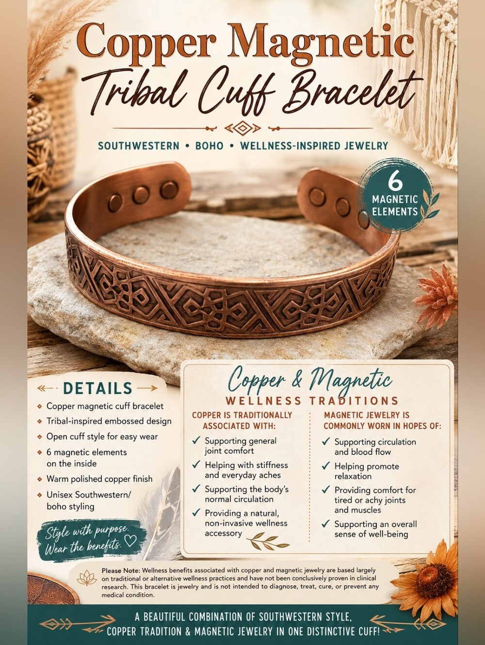 Copper Tribal Magnetic Cuff Bracelet - Copper